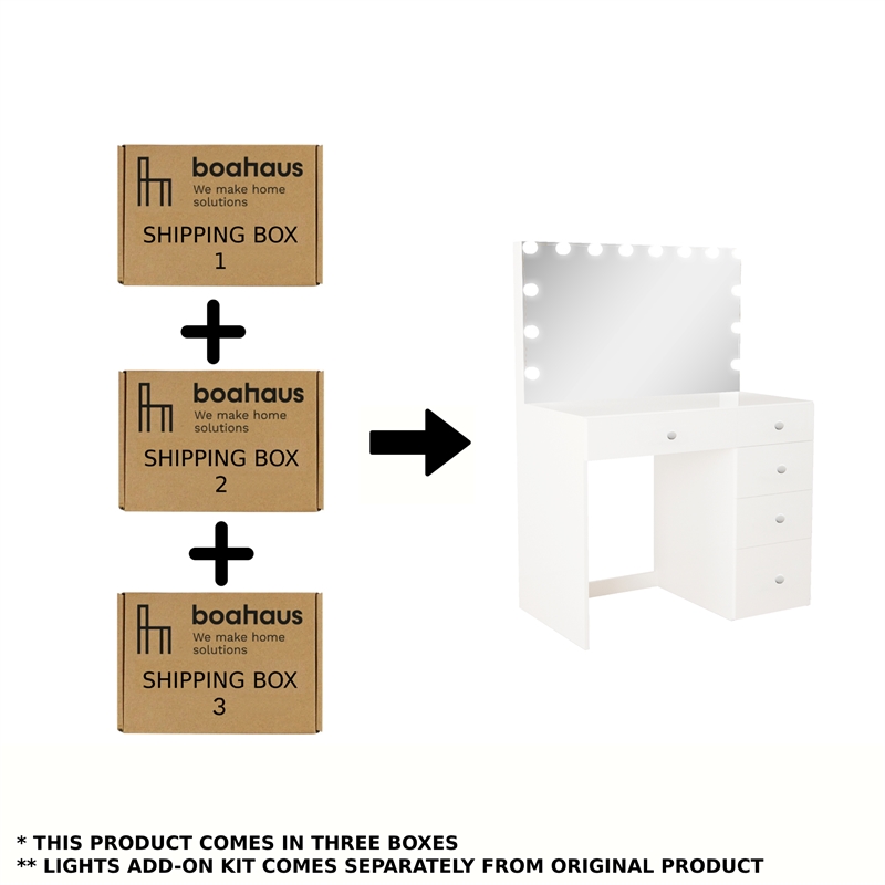 Boahaus Saranya White Makeup Vanity Desk 5 Drawers and Basic Knobs