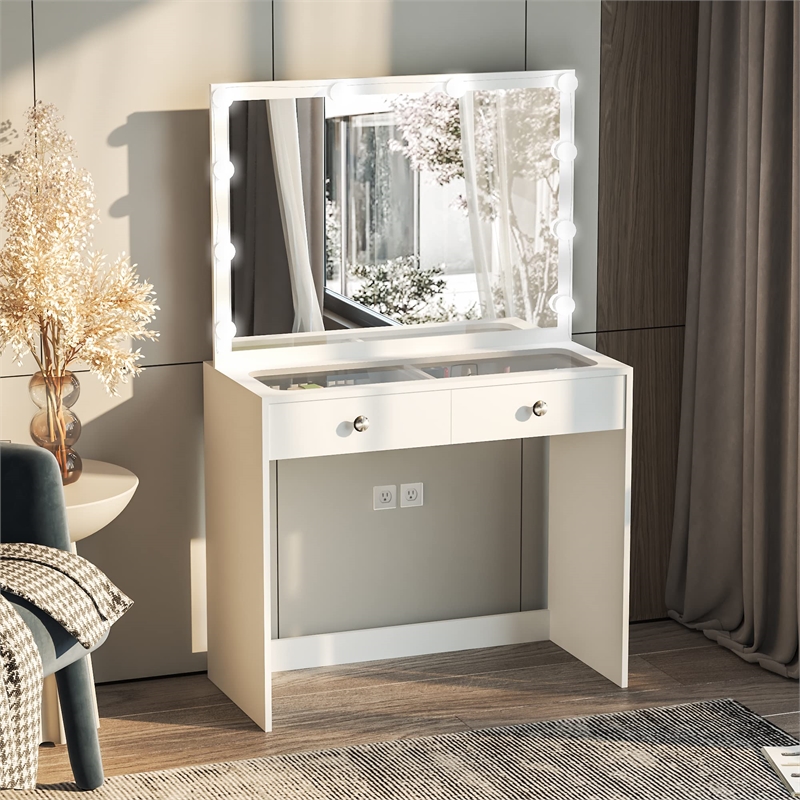 Boahaus Suri 2-Drawer Modern Wood Lighted Vanity Table with Glass Top in White