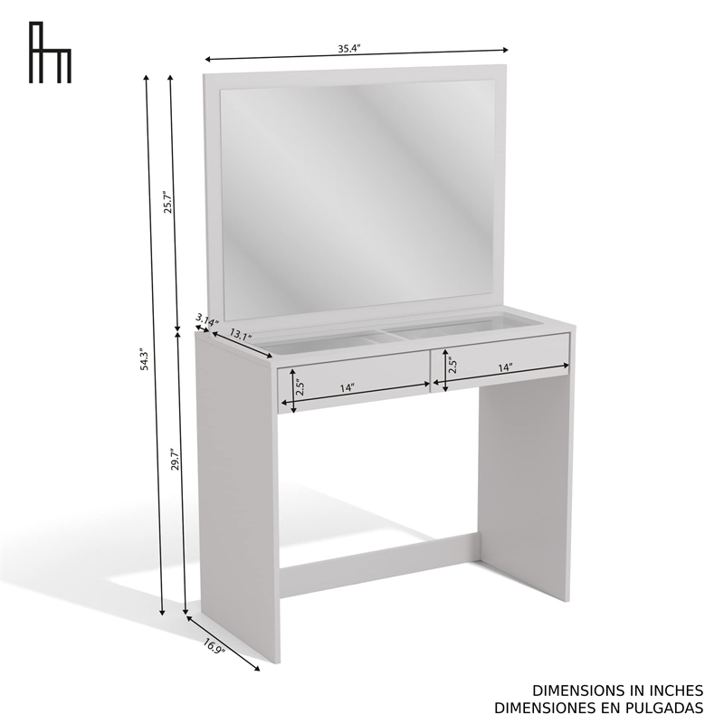 Boahaus Suri 2-Drawer Modern Wood Lighted Vanity Table with Glass Top in White