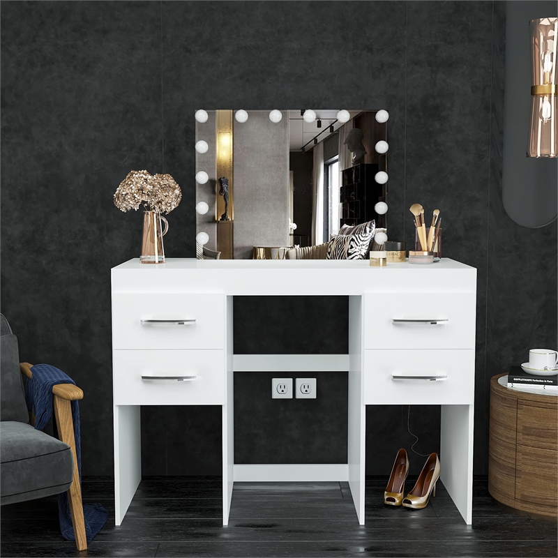 Boahaus Zaria 4-Drawer Modern Wood Vanity with Light Bulbs and Mirror in White