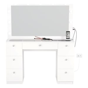 Boahaus Yara White Vanity Table - Built-in Lights - Crystal Ball Knobs