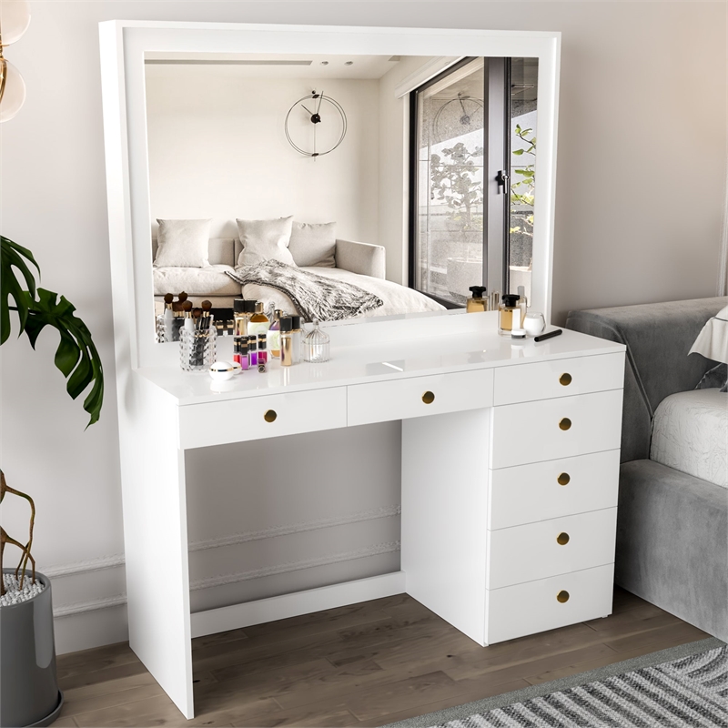 Boahaus Joan White Makeup Vanity Desk (Gold Knobs)
