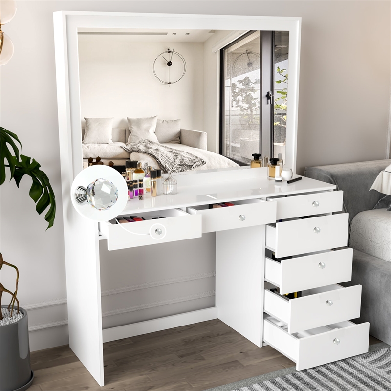Boahaus Joan White Makeup Vanity Desk (Crystal Ball Knobs)