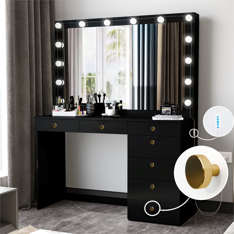Boahaus Diana Black Makeup Vanity Desk Light Bulbs (Gold Knobs)