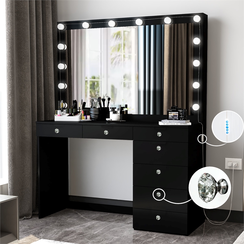 Boahaus Diana Black Makeup Vanity Desk (Crystal Knobs)