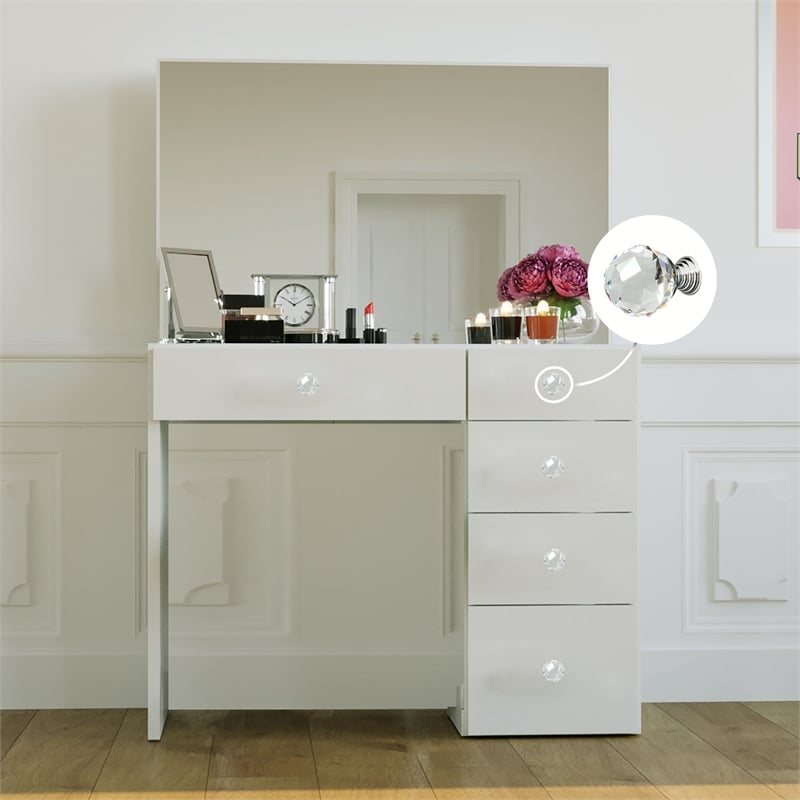 Boahaus Matilda Modern White Vanity Makeup Desk (Crystal Ball Knobs)