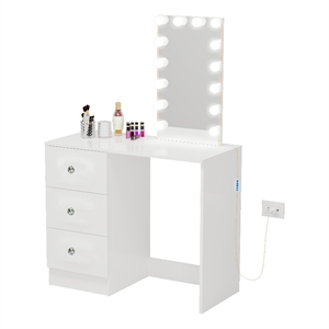 Boahaus Iris White Dressing Table with Light Bulbs Crystal Knobs