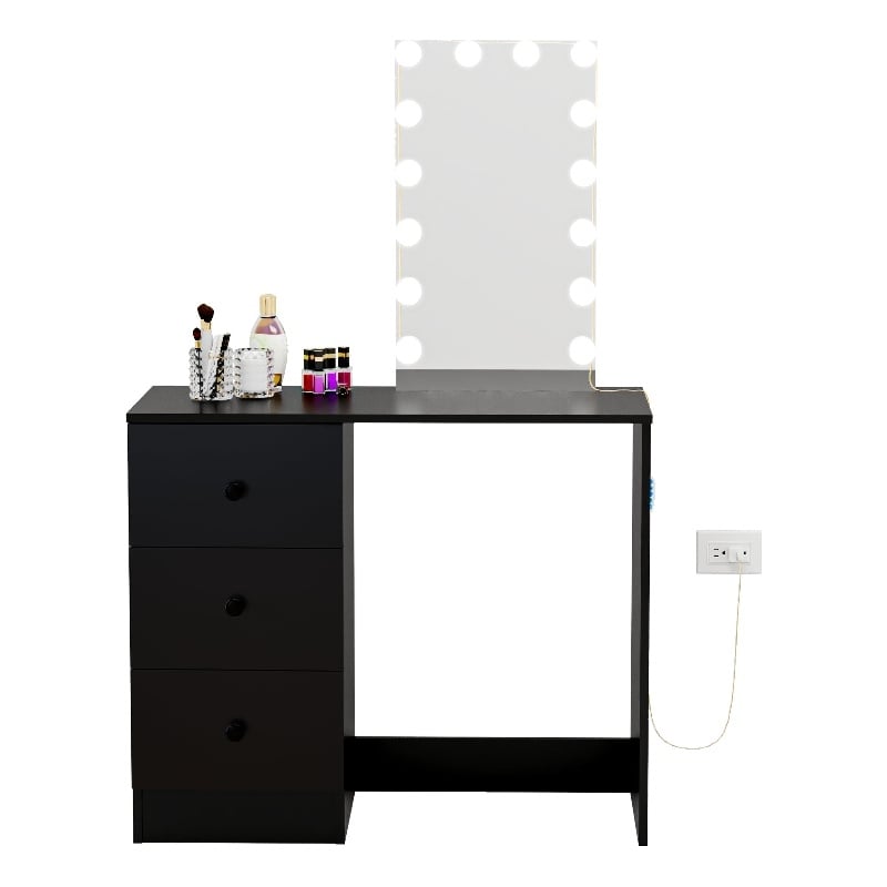 Boahaus Iris Black Dressing Table with Light Bulbs Basic Knobs
