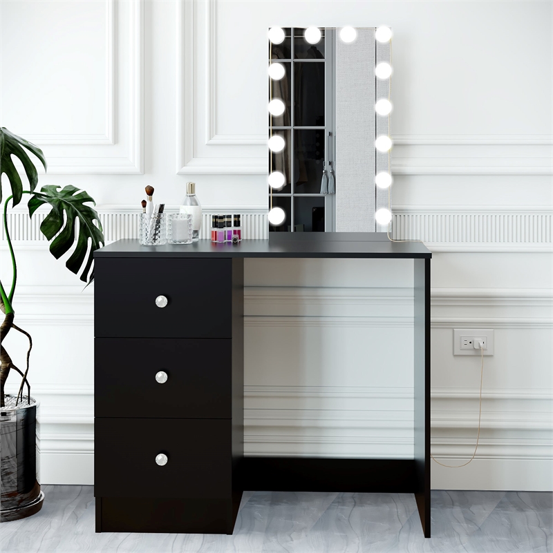 Boahaus Iris Black Dressing Table with Light Bulbs Crystal Ball Knobs