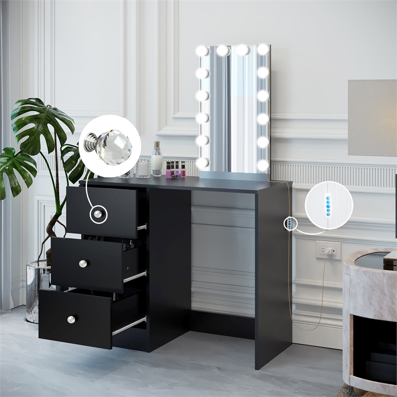 Boahaus Iris Black Dressing Table with Light Bulbs Crystal Ball Knobs