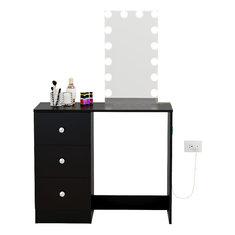 Boahaus Iris Black Dressing Table with Light Bulbs Crystal Ball Knobs