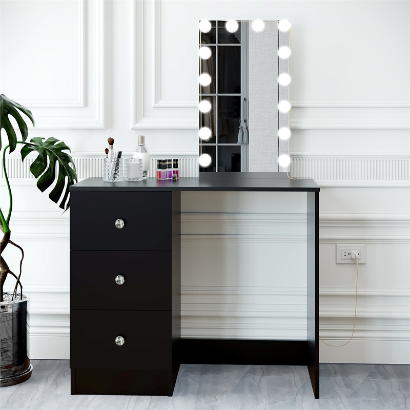 Boahaus Iris Black Dressing Table with Light Bulbs Crystal Knobs