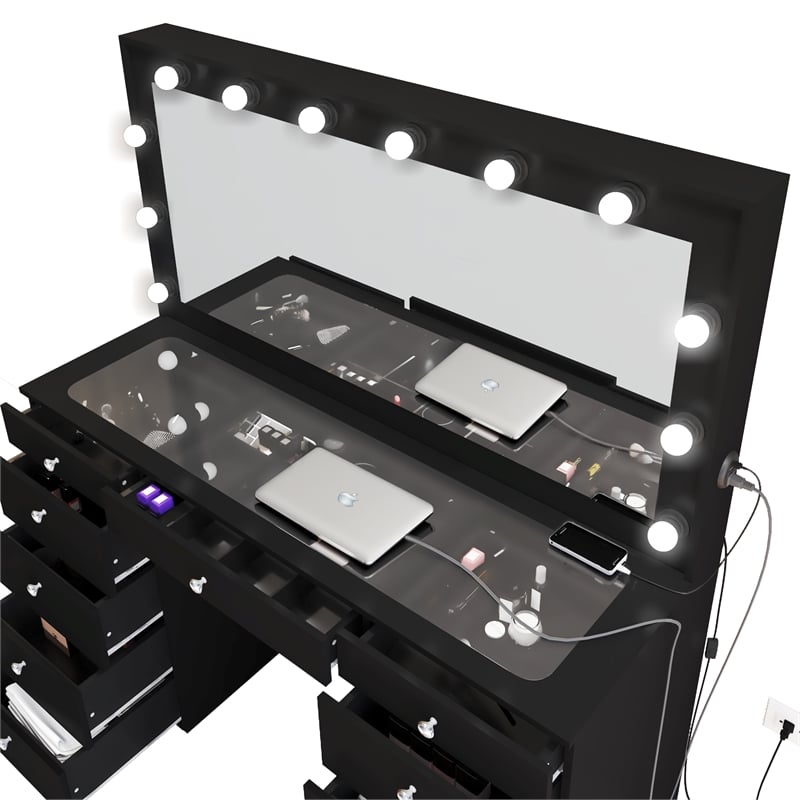 Boahaus Orla Black Vanity Desk with Lights 11 Drawers and Basic Knobs
