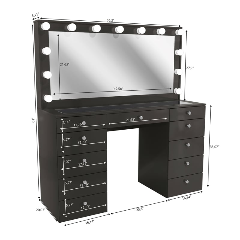 Boahaus Orla Black Vanity Desk with Lights 11 Drawers and Basic Knobs
