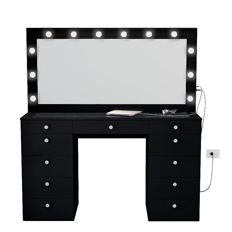 Boahaus Orla Black Vanity Desk with Lights 11 Drawers and Basic Knobs