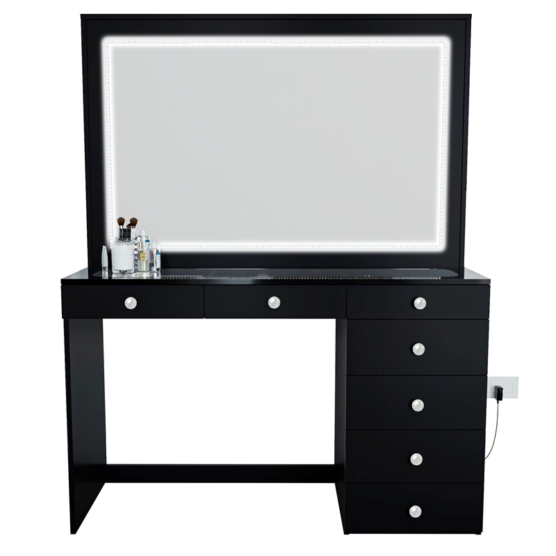 Boahaus Theia Modern Black Vanity Desk 7 Drawers Crystal Ball Knobs