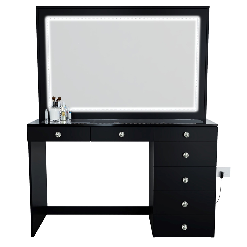 Boahaus Theia Modern Black Vanity Desk 7 Drawers Crystal Knobs