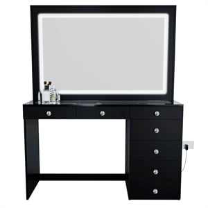 Boahaus Theia Modern Black Vanity Desk 7 Drawers Crystal Knobs