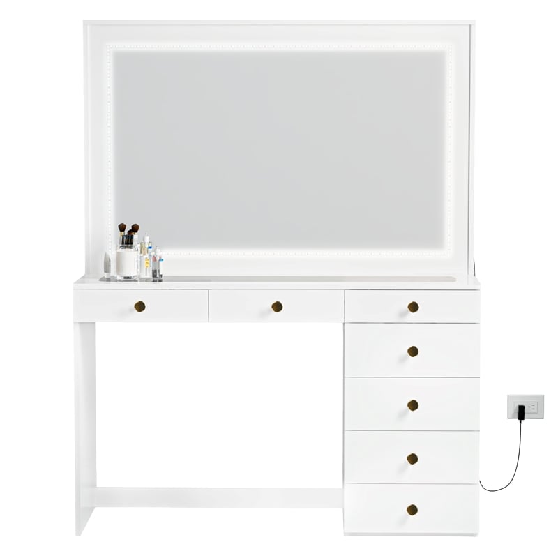 Boahaus Theia Modern White Vanity 7 Drawers LED Lights Golden Knobs