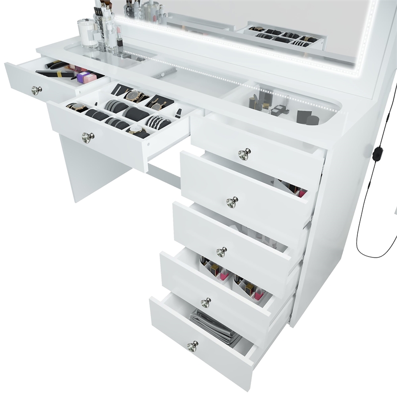 Boahaus Theia Modern White Vanity 7 Drawers LED Lights Crystal Knobs