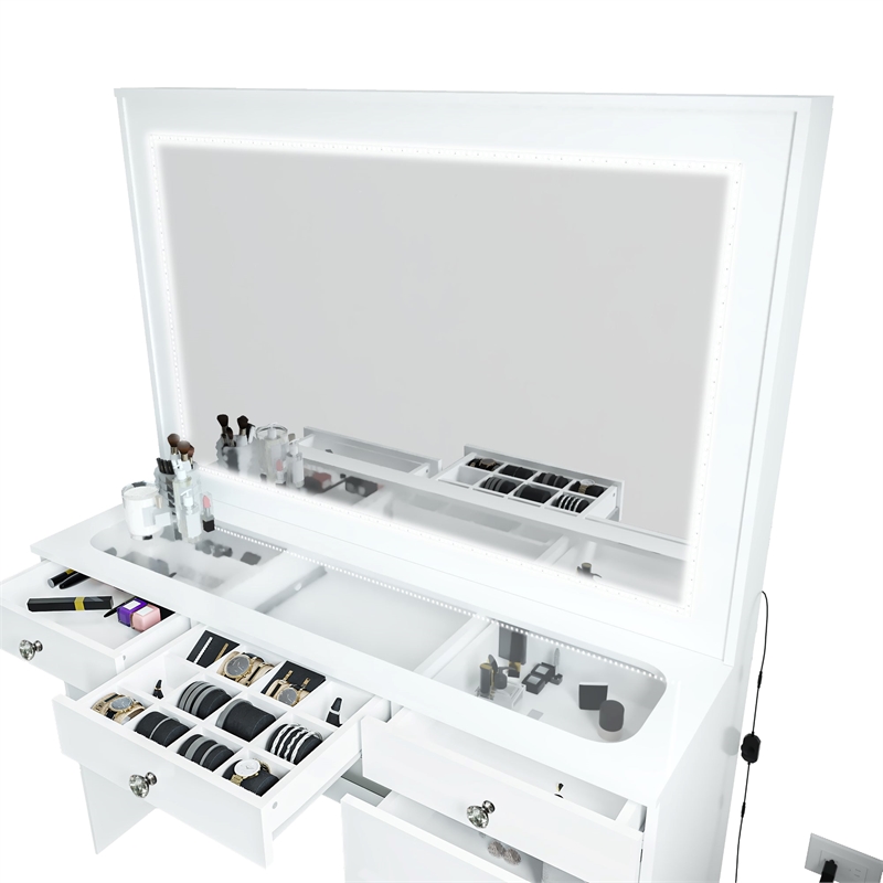 Boahaus Theia Modern White Vanity 7 Drawers LED Lights Crystal Knobs