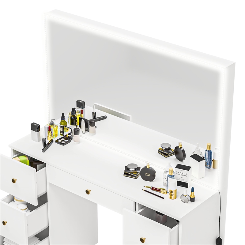 Boahaus Sabrina White Vanity Desk with Mirror LED Lights 7 Drawers Golden Knobs