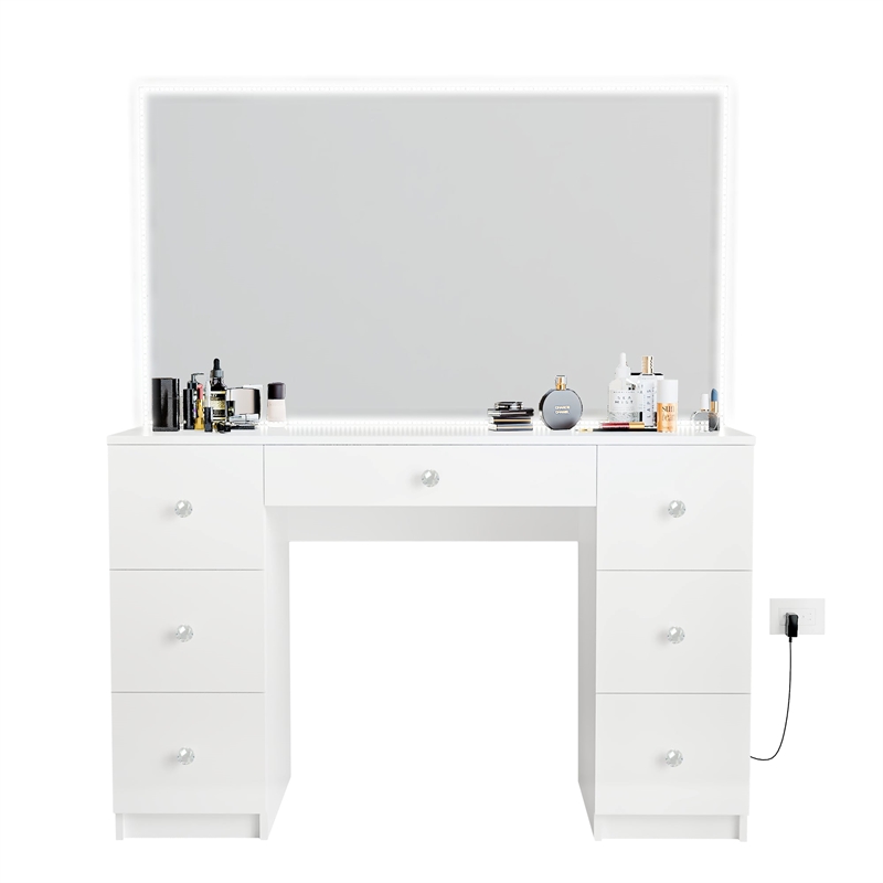 Boahaus Sabrina White Vanity Desk with LED Lights 7 Drawers Crystal Ball Knobs