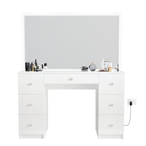 Boahaus Sabrina White Vanity Desk with LED Lights 7 Drawers Crystal Ball Knobs