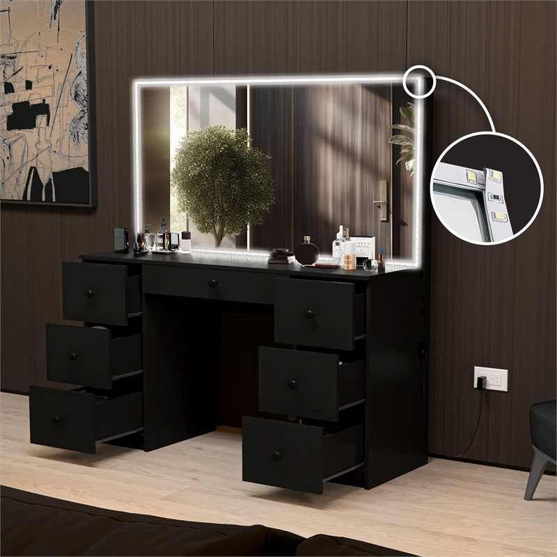 Boahaus Sabrina Modern Black Vanity LED Lights 07 Drawers Basic Knobs