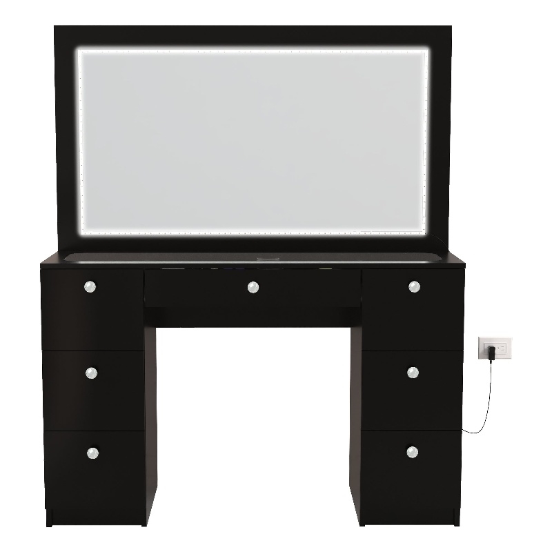 Boahaus Seraphine Black Vanity LED Lights 7 Drawers Mirror Crystal Ball Knobs