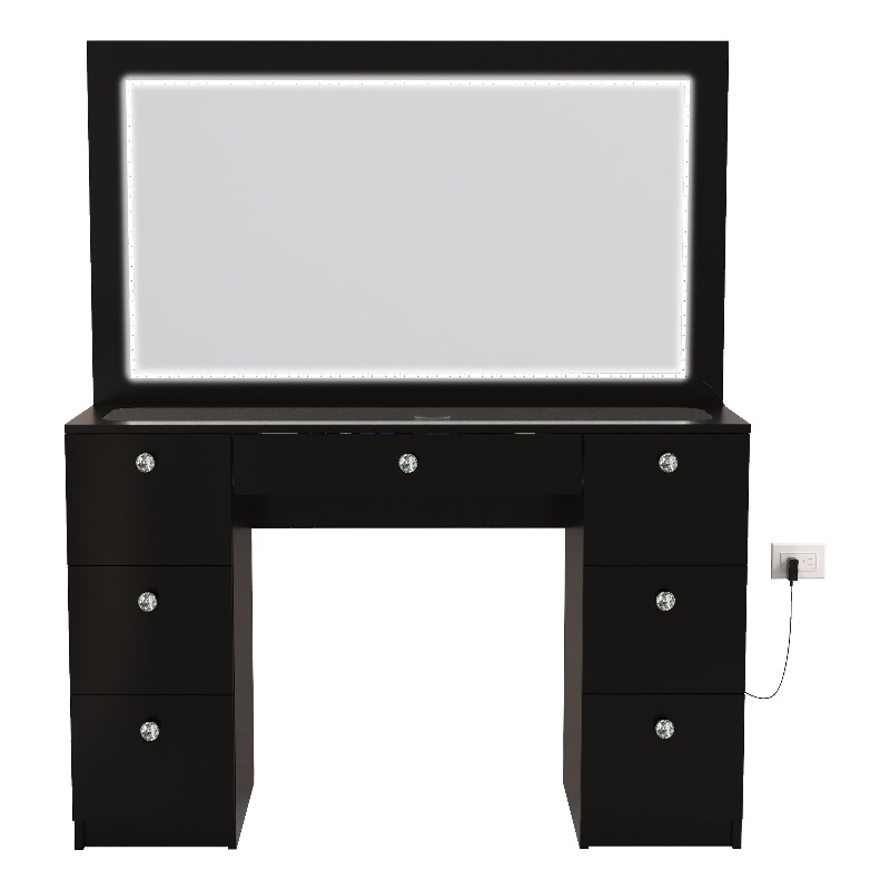 Boahaus Seraphine Black Vanity LED Lights 7 Drawers Mirror Crystal Knobs