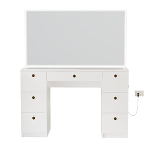 Boahaus Seraphine White Vanity Desk Lights 7 Drawers Wide Mirror Golden Knobs