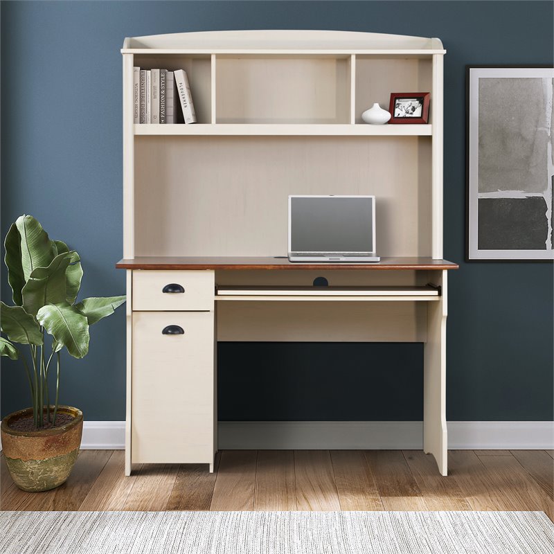 Saint Birch Modern Wood Writing Desk with Hutch in Maple/Antique White