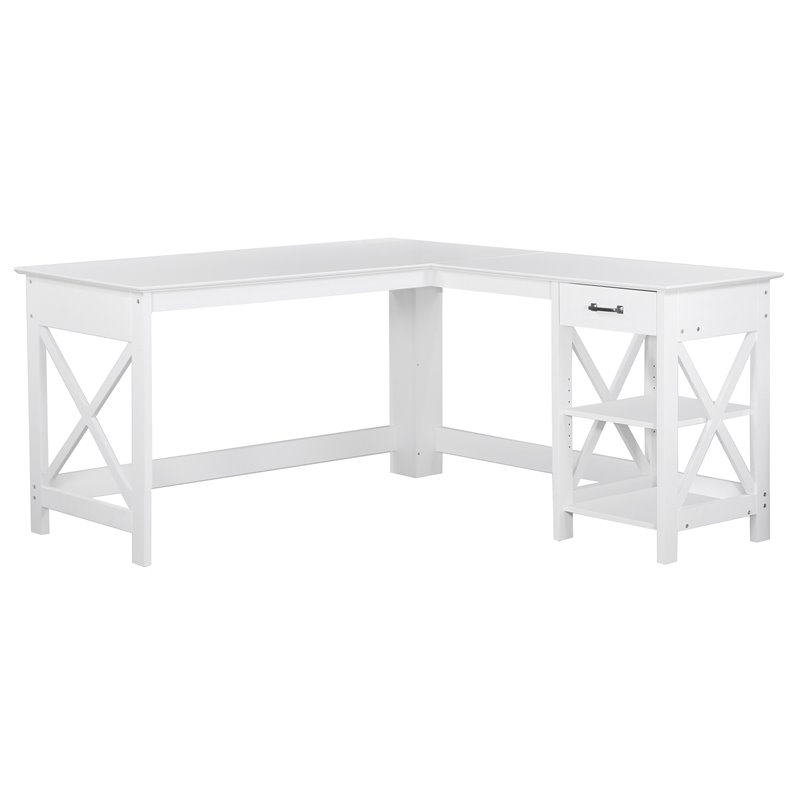 Saint Birch L-Shaped Farmhouse Wood Desk with 2 Shelves in White