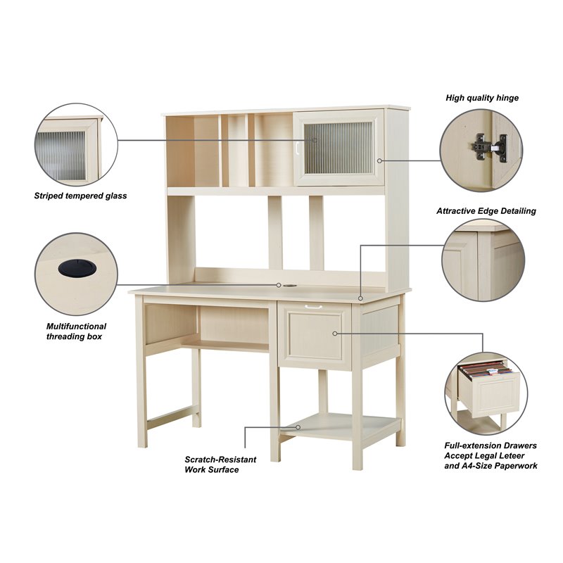 Saint Birch Ansel Modern Wood Writing Desk with Hutch in Antique White