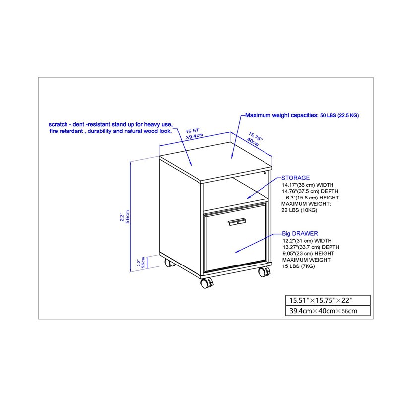 Saint Birch Elma Modern Wood Mobile File Cabinet with Casters in Washed Gray