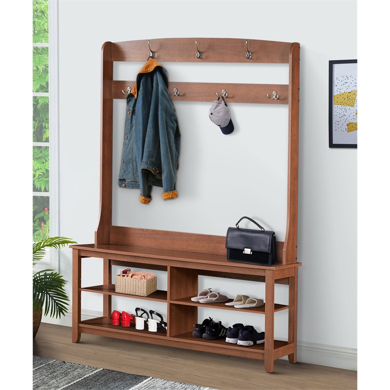 Saint Birch Salisbury 4-Shelf Modern Wood Hall Tree & Shoe Bench in Rustic Brown
