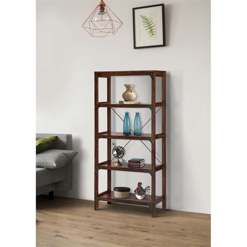 Saint Birch Logan 4-Shelf X-Cross Modern Wood Bookcase in Walnut