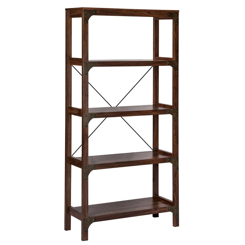 Saint Birch Logan 4-Shelf X-Cross Modern Wood Bookcase in Walnut