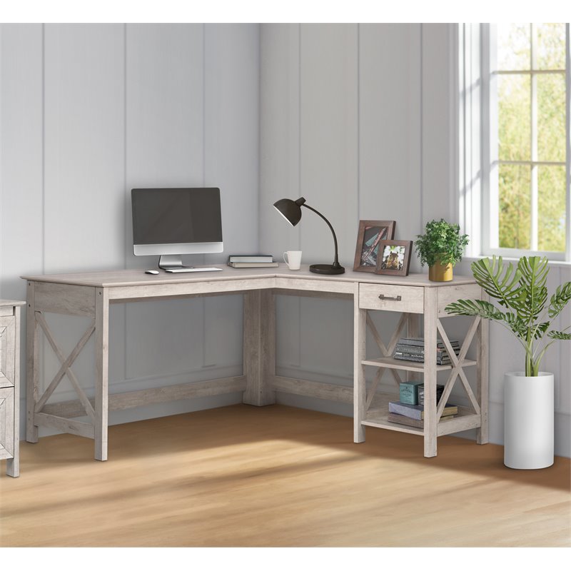 Saint Birch Honduras L-Shaped Farmhouse Wood Writing Desk in Washed Gray