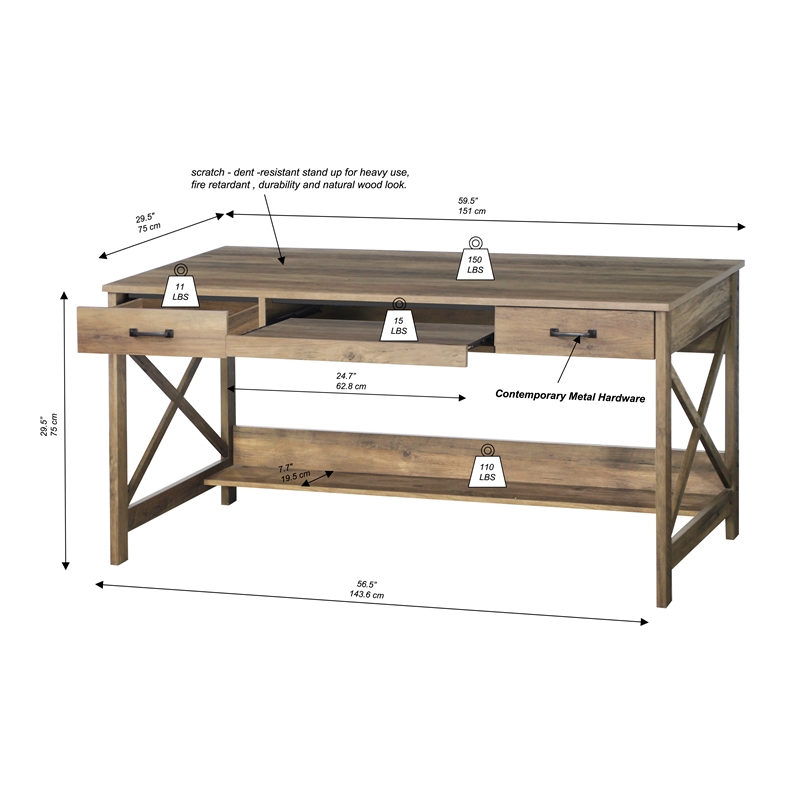 Saint Birch Alaska Wood 59.5 inches Writing Desk in Rustic Oak