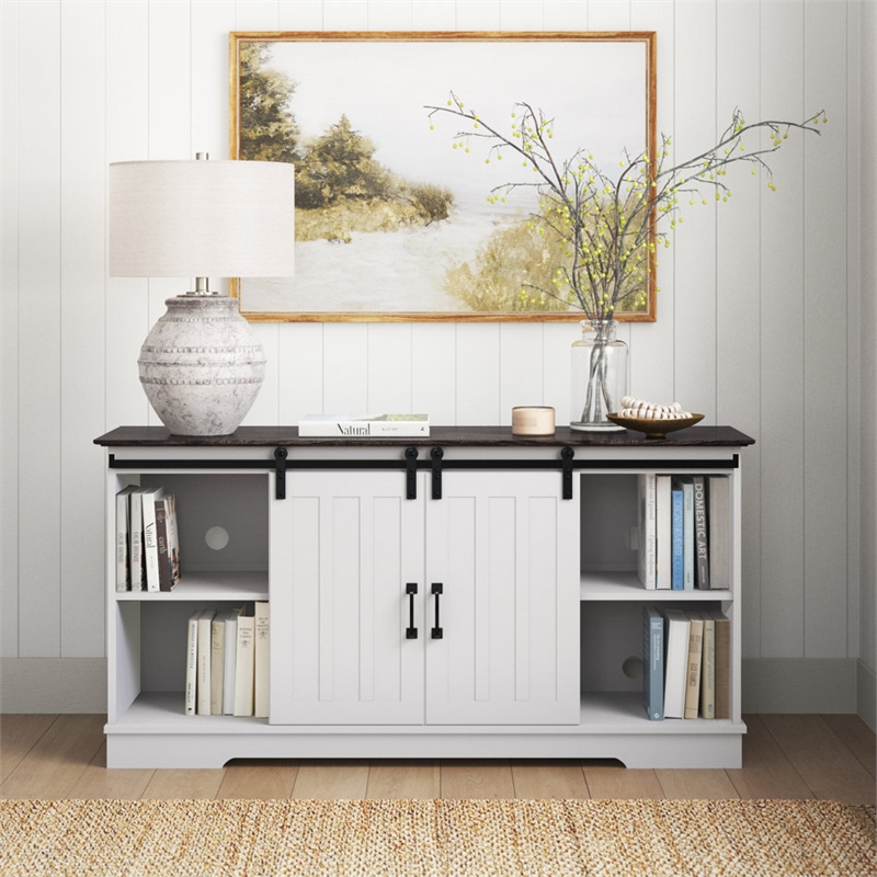 Saint Birch Finley 56 Inch Wood TV Stand With 2 Barn Doors in Gray Oak and White