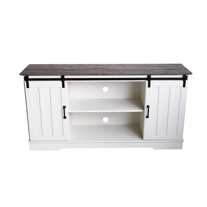 Saint Birch Finley 56 Inch Wood TV Stand With 2 Barn Doors in Gray Oak and White