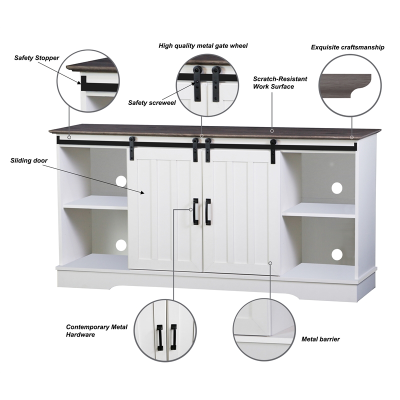 Saint Birch Finley 56 Inch Wood TV Stand With 2 Barn Doors in Gray Oak and White