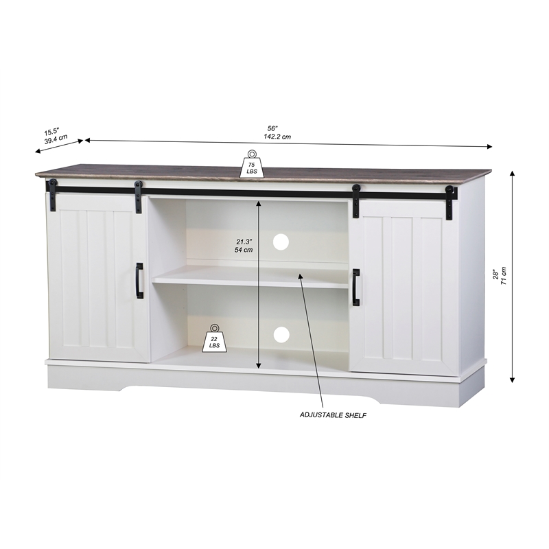 Saint Birch Finley 56 Inch Wood TV Stand With 2 Barn Doors in Gray Oak and White