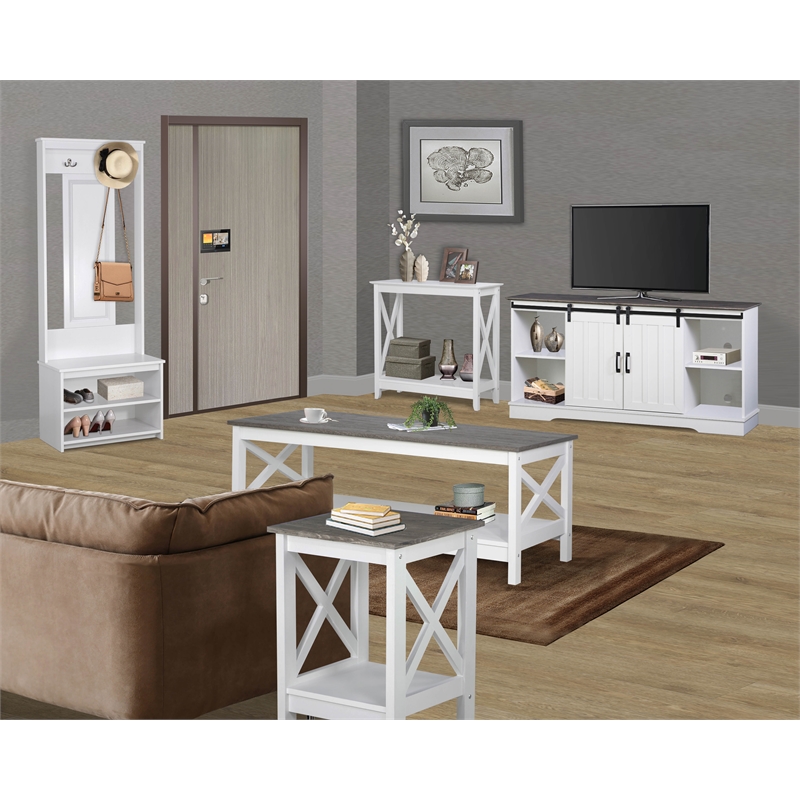 Saint Birch Finley 56 Inch Wood TV Stand With 2 Barn Doors in Gray Oak and White