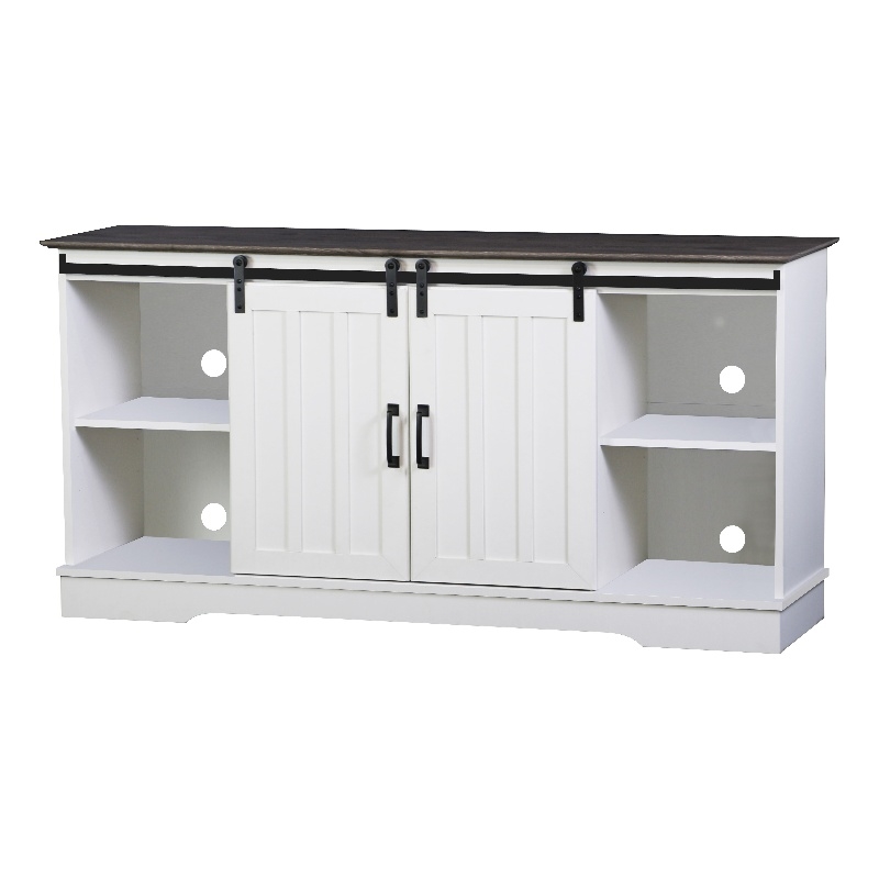 Saint Birch Finley 56 Inch Wood TV Stand With 2 Barn Doors in Gray Oak and White