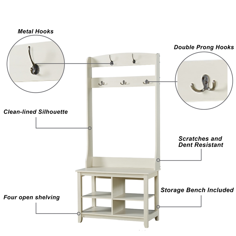 Saint Birch Hawksbury 31.5 Inches Wood Hall Tree And Shoe Bench in Antique White