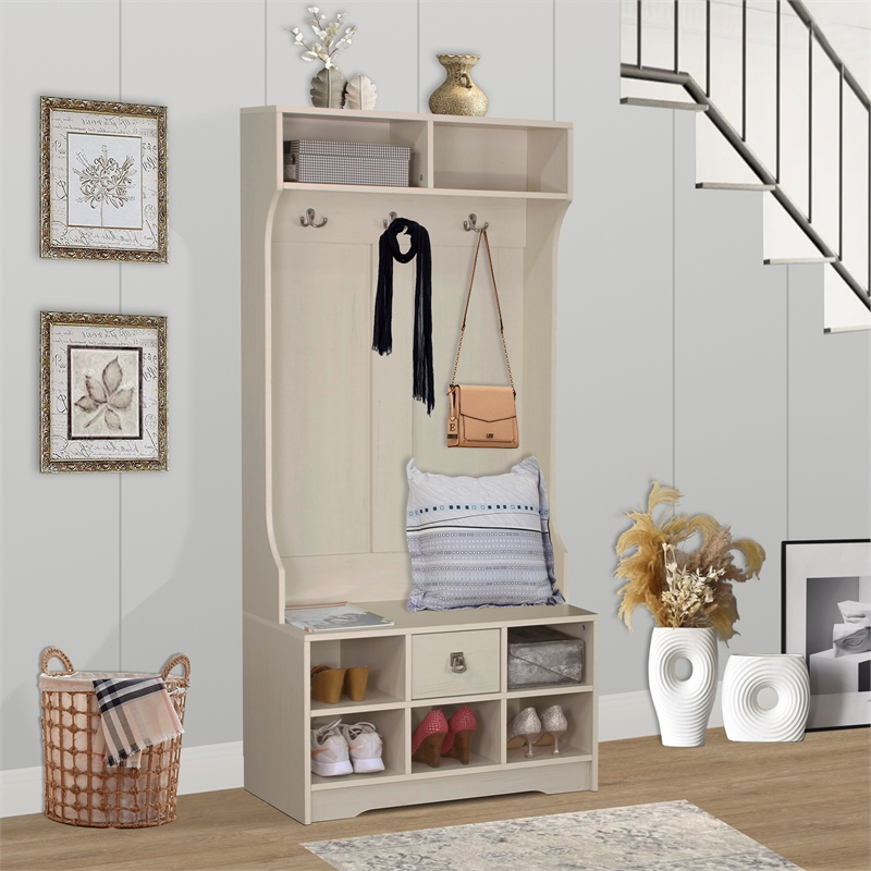 Saint Birch Hawksbury Wood Hall Tree and Shoe Bench in Antique White