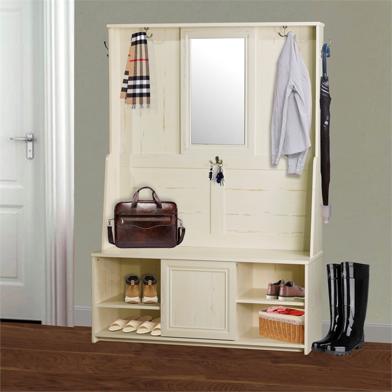 Saint Birch Salisbury Wood Hall Tree and Shoe Bench in  Antique White